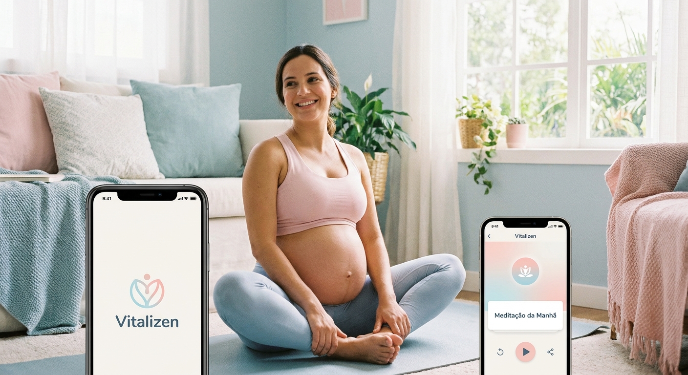App de yoga para gestantes - gestante sorridente na postura da borboleta com smartphone mostrando o Vitalizen