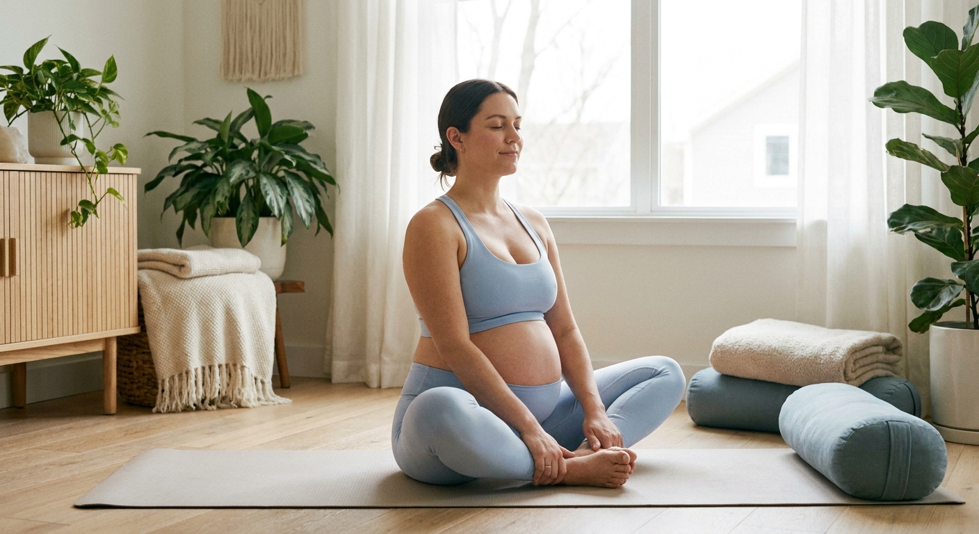 Gestante praticando yoga na posição borboleta com almofadas de apoio em ambiente calmo e iluminação natural
