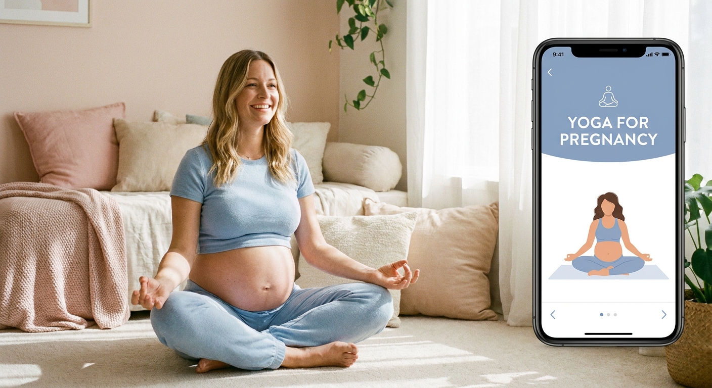 Gestante serena praticando yoga em casa com o Vitalizen App ao lado do tapete