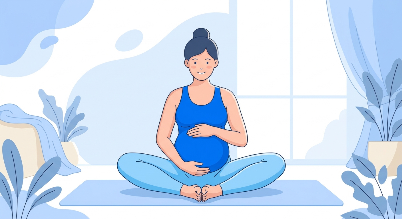 Gestante sorrindo praticando yoga em postura borboleta com fundo azul suave