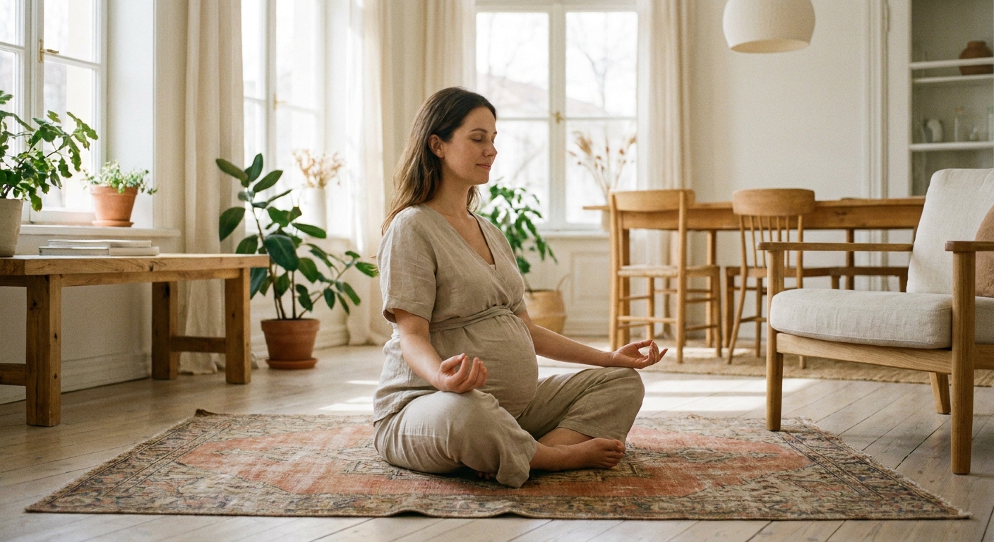 Mulher grávida praticando yoga para iniciantes em ambiente tranquilo