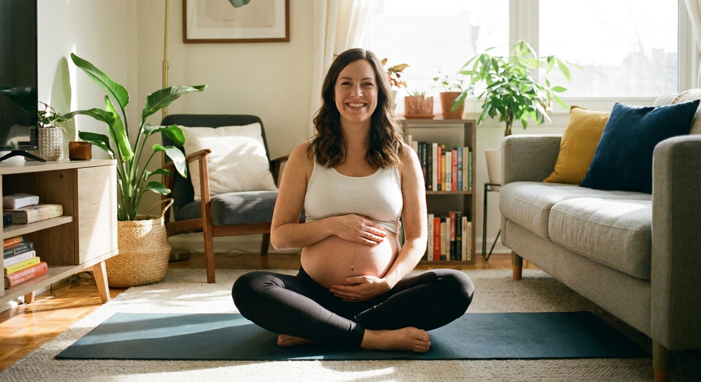 Mulher gestante praticando yoga em casa usando app de yoga para gestantes no tablet