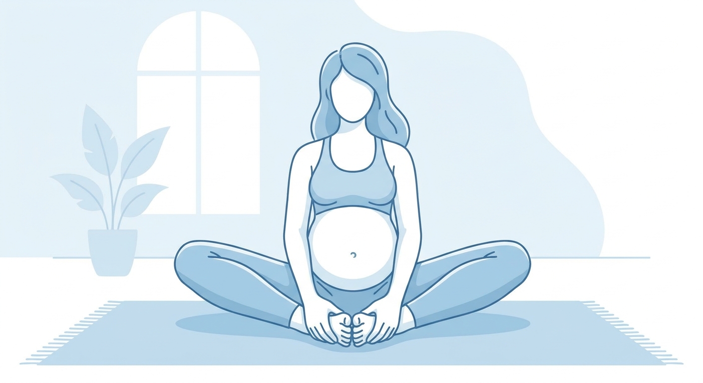 Gestante praticando postura da borboleta yoga pré-natal suave para fortalecer assoalho pélvico