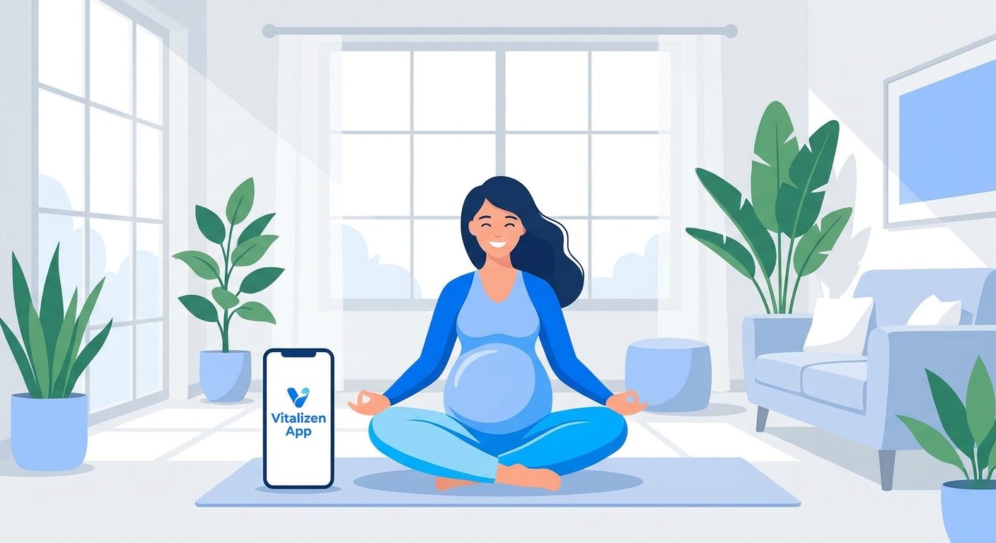 Mulher grávida praticando yoga para gestantes em casa usando o Vitalizen App