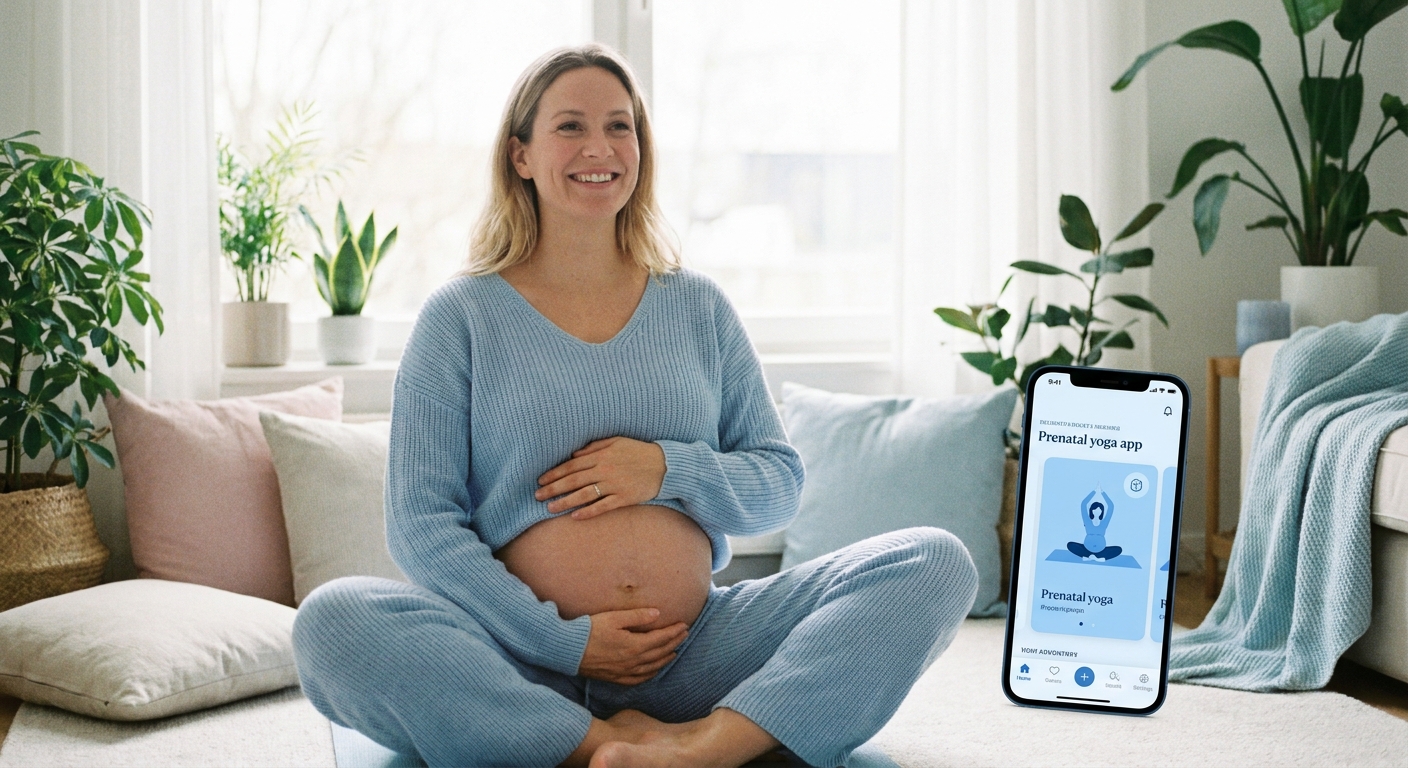 Gestante sorrindo praticando yoga para gestantes com o Vitalizen App ao lado