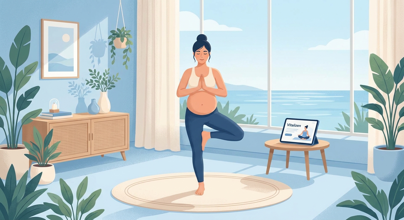 Gestante praticando yoga prenatal em casa usando o Vitalizen App em 2026