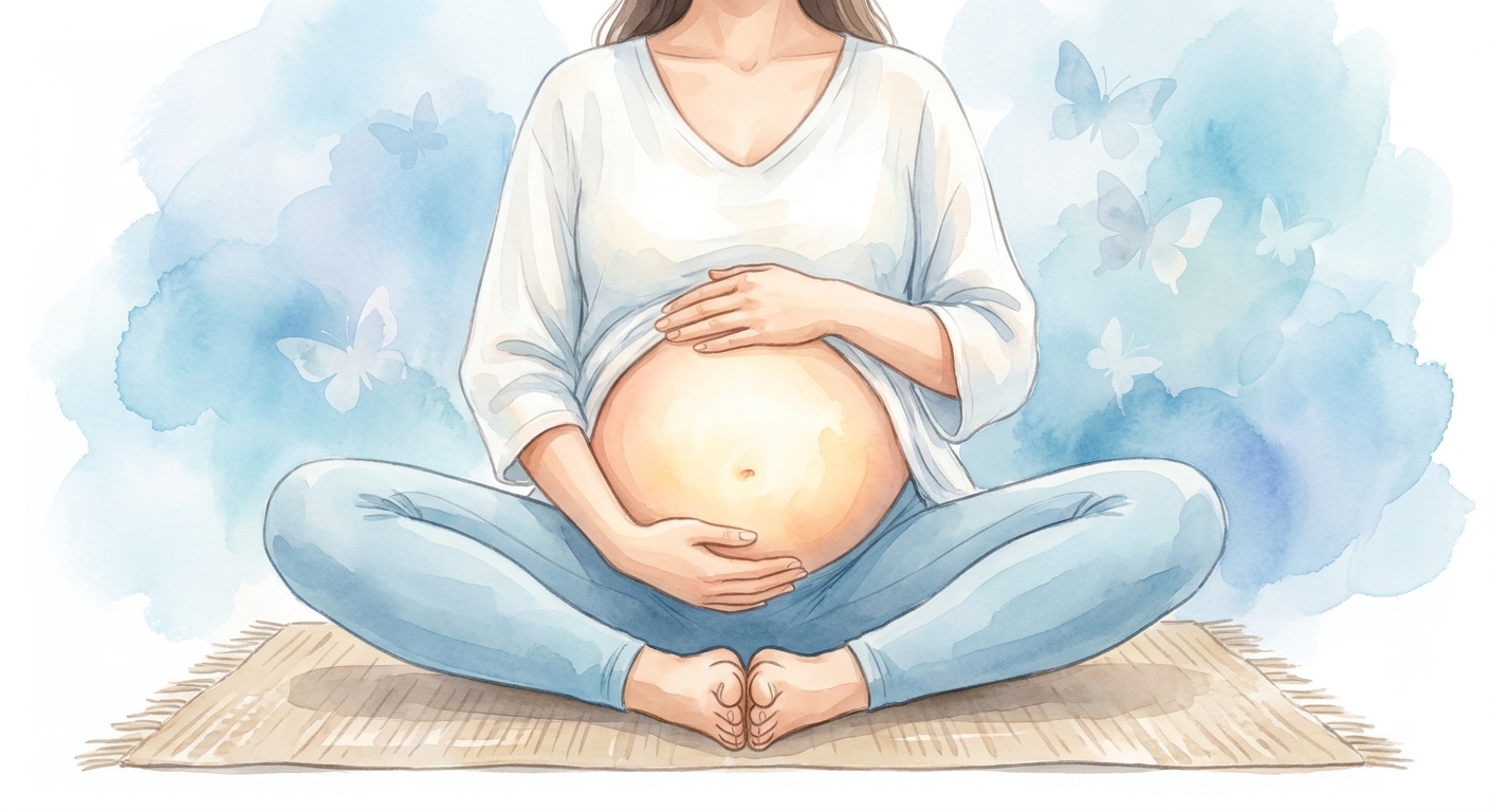Gestante praticando yoga na posição borboleta com conexão mãe e bebê