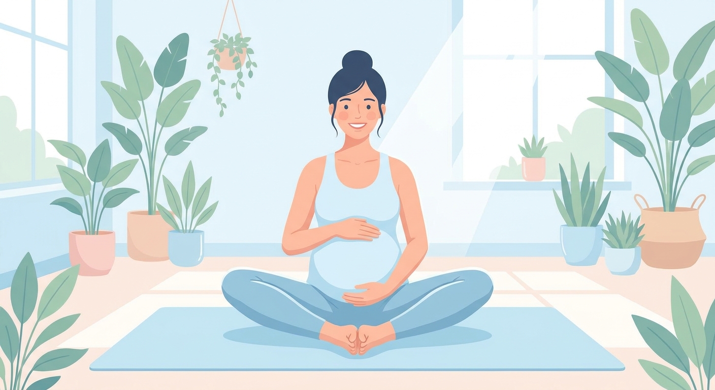 Gestante iniciante praticando yoga em casa, postura borboleta, tapete azul, ambiente iluminado e tranquilo — yoga para gestantes Vitalizen App