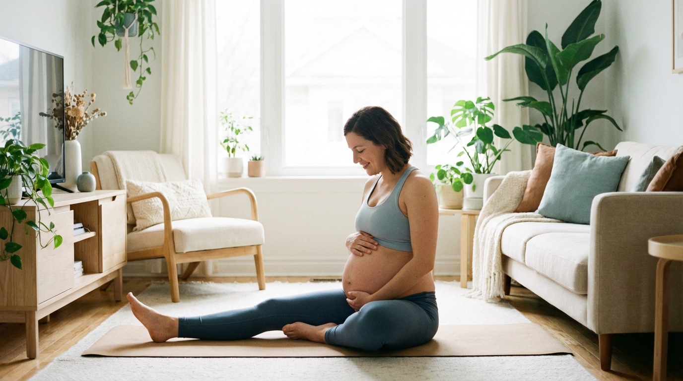 Mulher grávida praticando yoga na gravidez em casa com um app no tapete