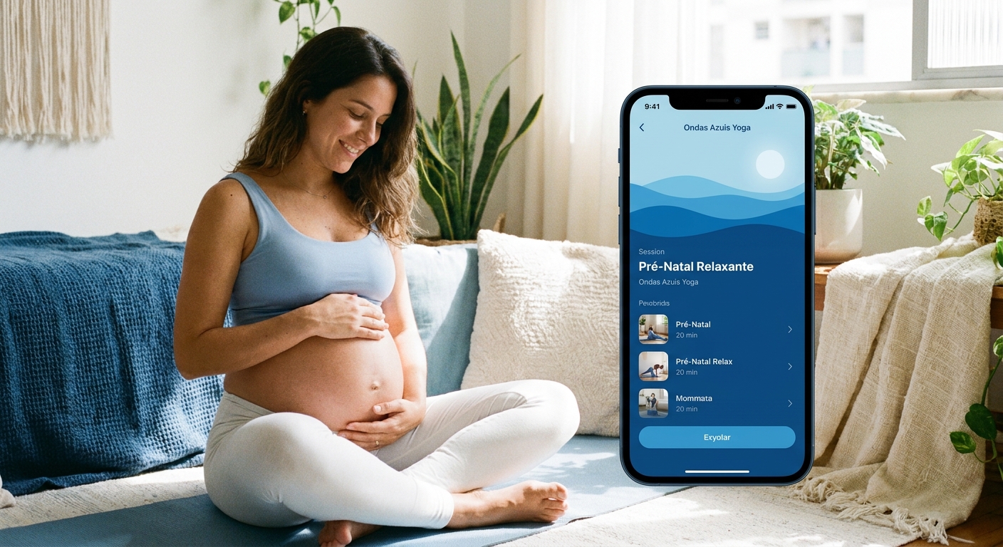 Gestante sorrindo praticando yoga com o Vitalizen App ao lado