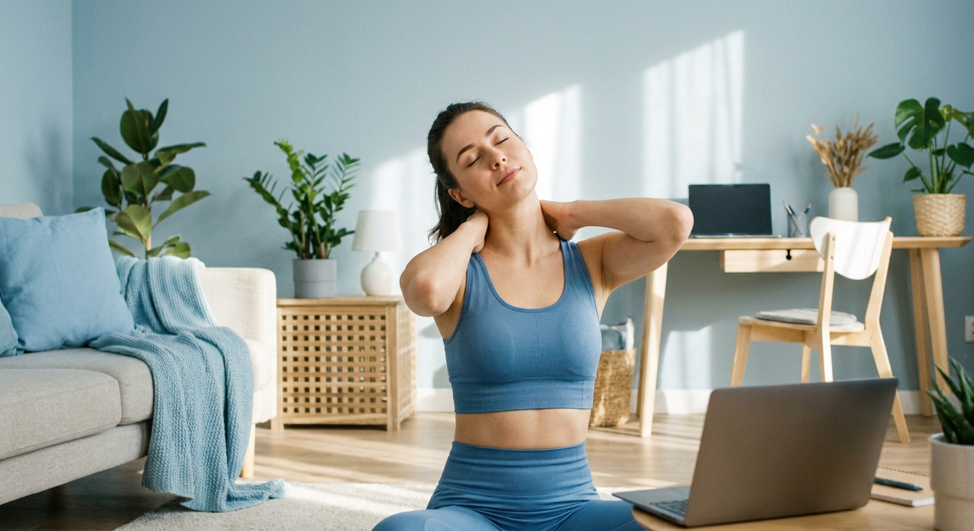 Jovem profissional fazendo pausa ativa com yoga em home office para aliviar estresse