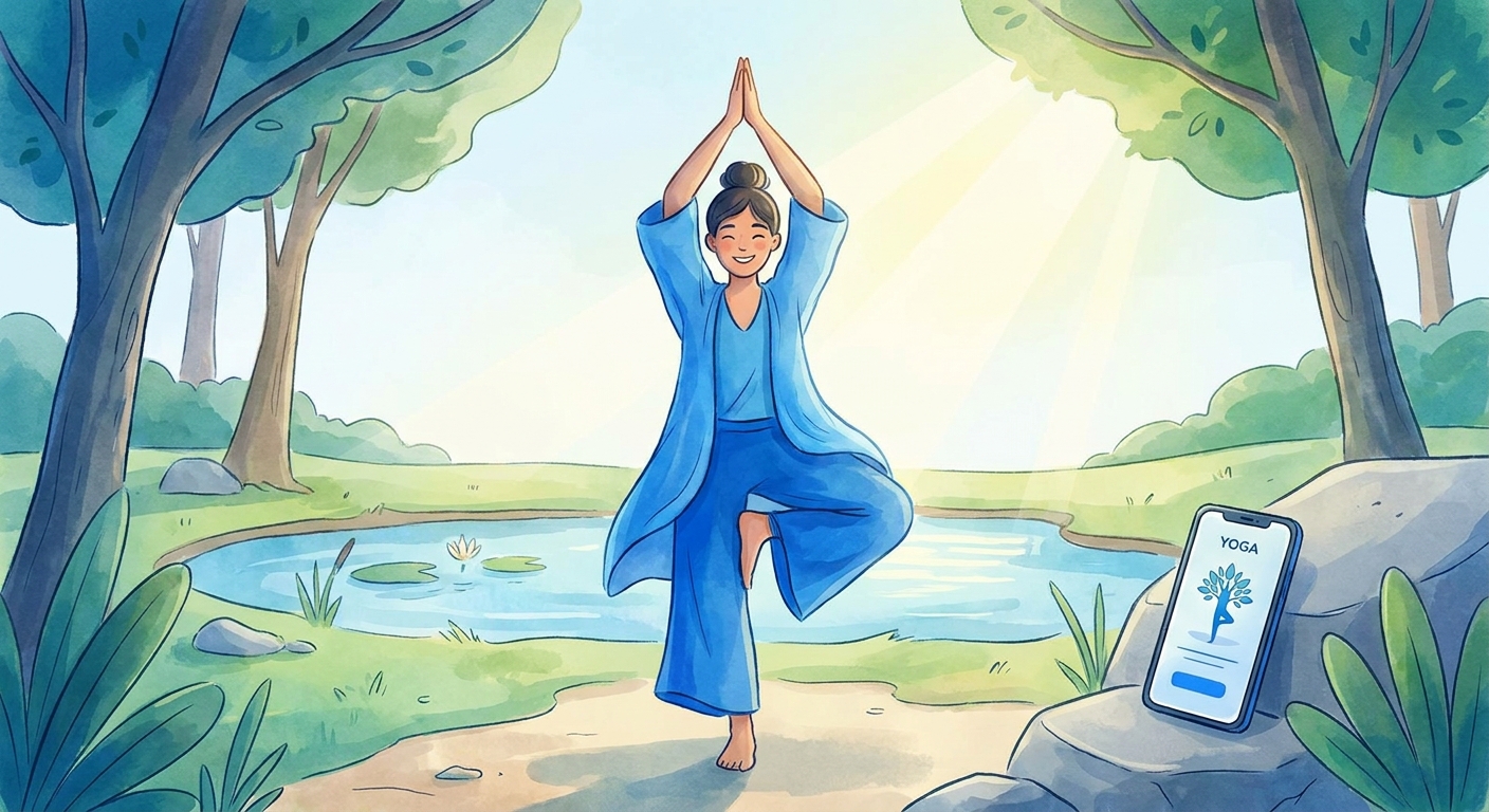 Jovem praticando yoga ao ar livre com o Vitalizen App