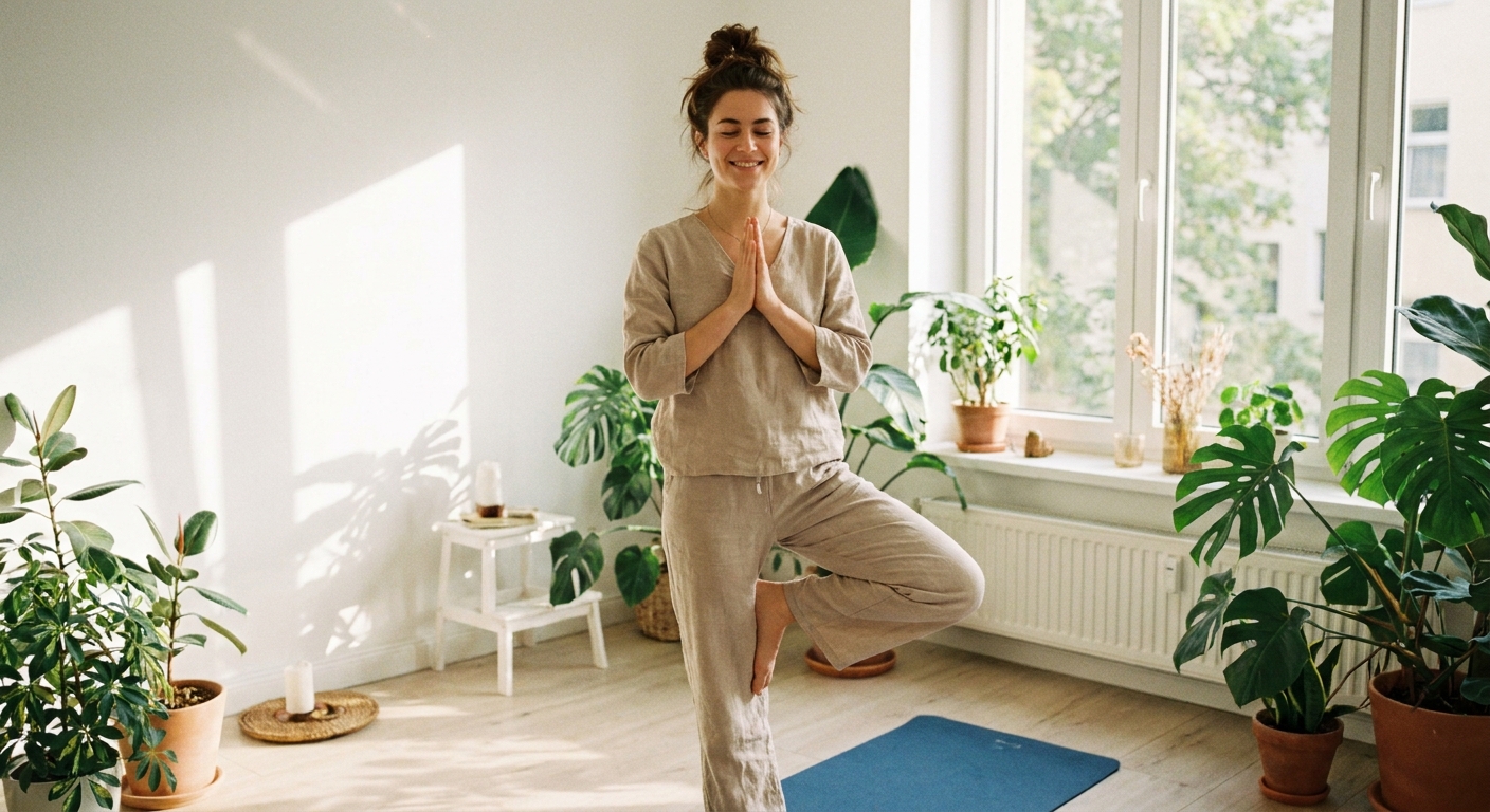 Jovem praticando yoga em casa, posição árvore, luz natural, bem-estar e equilíbrio