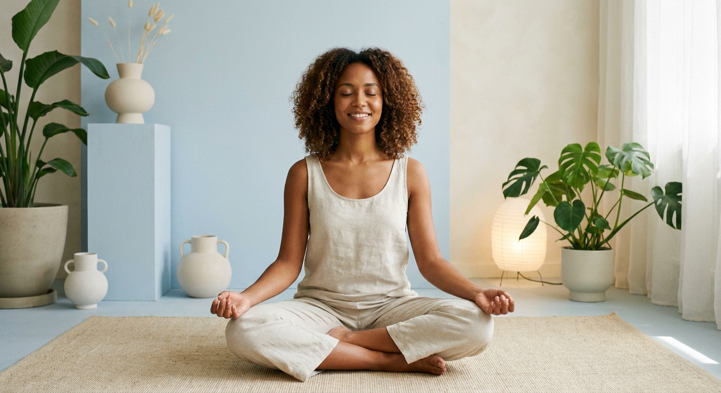 Jovem sorrindo sentada em posição de lótus em ambiente calmo e iluminado, praticando yoga para iniciantes em casa