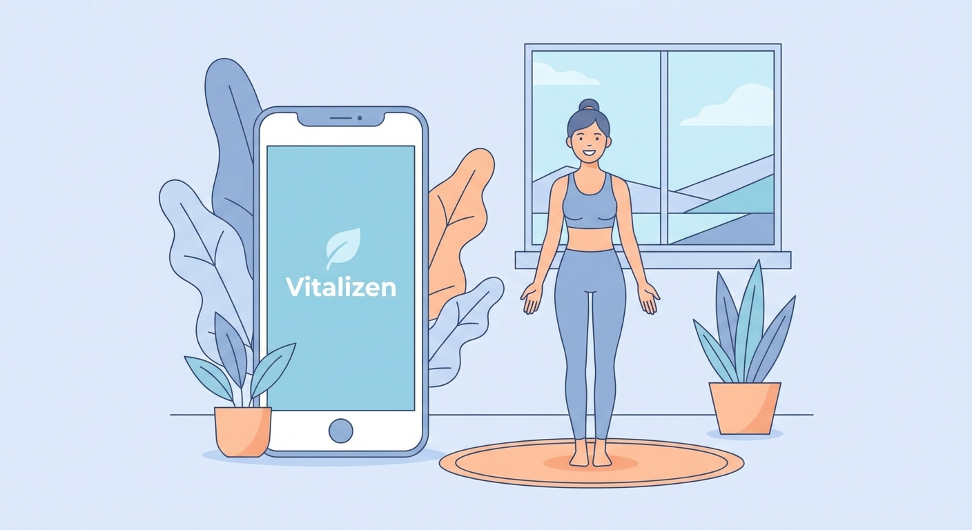 Jovem sorrindo na postura da montanha (Tadasana) ao lado de um celular com o app Vitalizen aberto, fundo azul claro e elementos de natureza