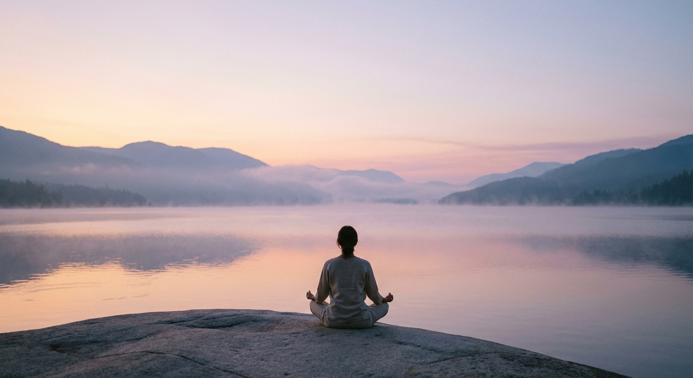 Mulher praticando yoga para iniciantes ao amanhecer em posição de meditação