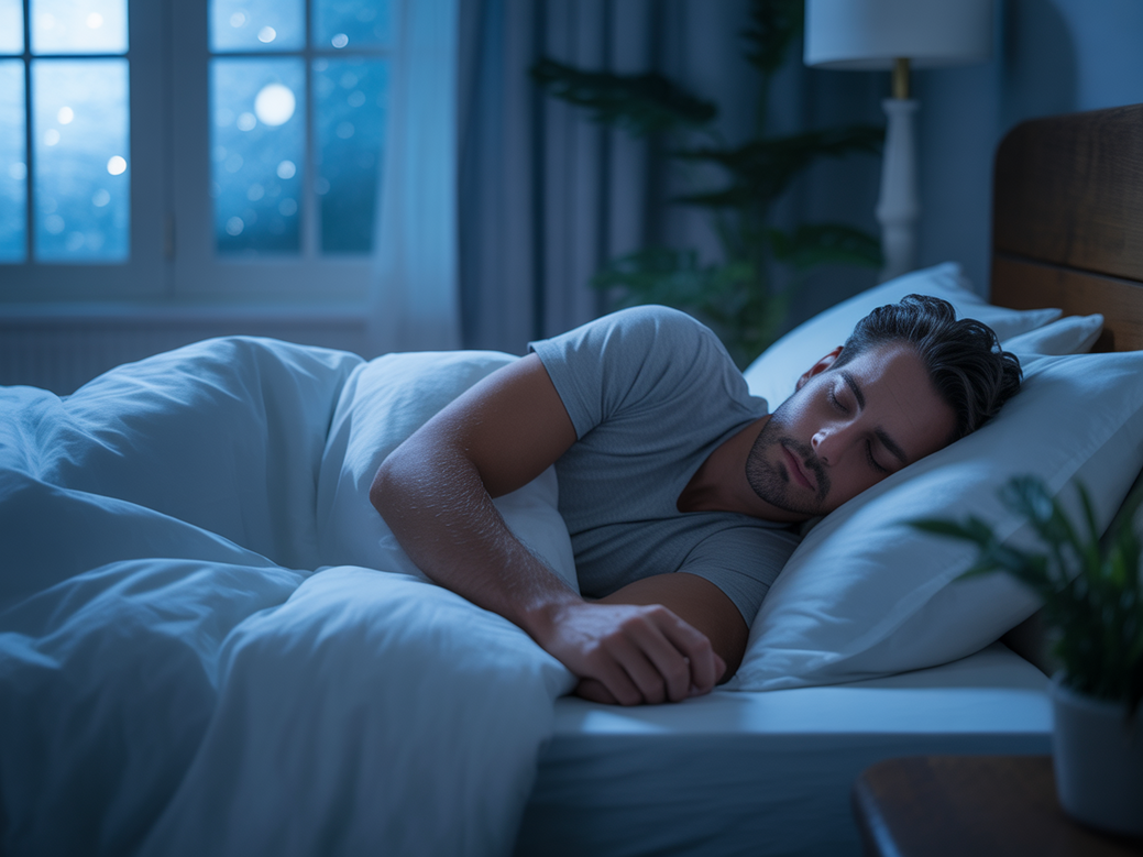 Homem praticando uma postura de yoga suave na cama para combater a insônia masculina