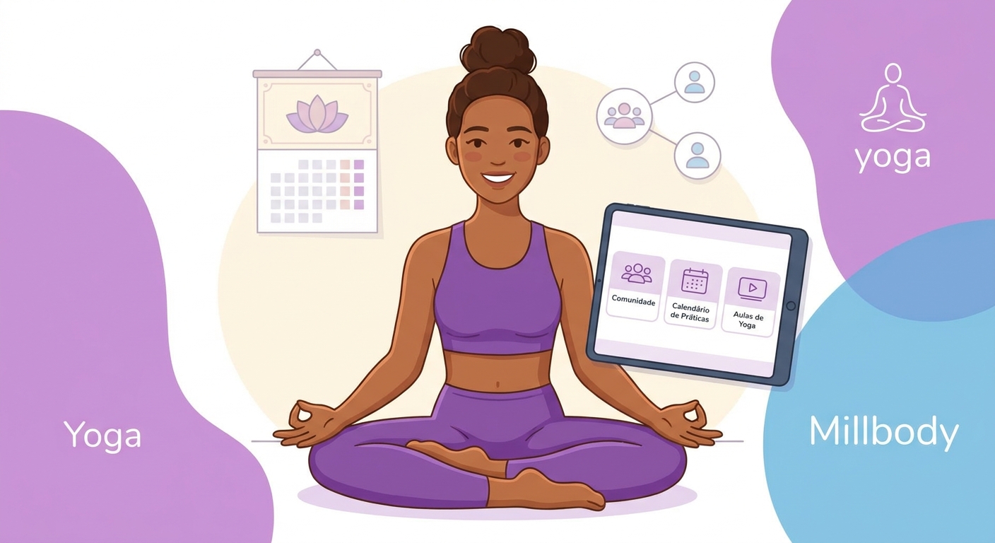 Instrutora de yoga online segurando tablet com aplicativo Personal Millbody, mostrando calendário de práticas e comunidade virtual