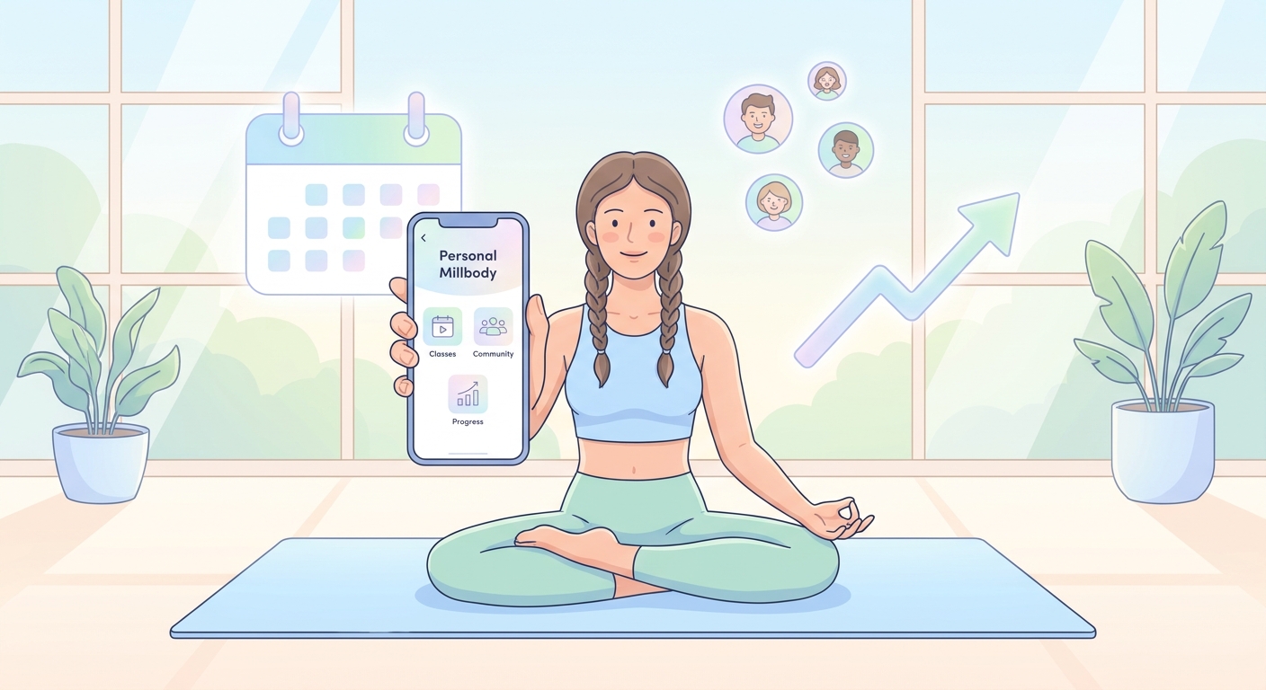 Tecnologia que valoriza o seu yoga — Personal Millbody Instrutora de yoga online usando o aplicativo Personal Millbody para gerenciar aulas e comunidade