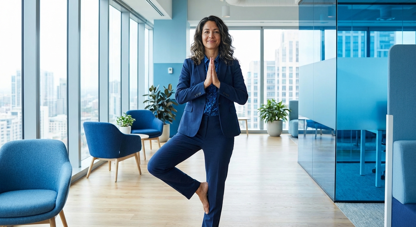 Executivo praticando yoga para líderes em escritório moderno, demonstrando regulação emocional