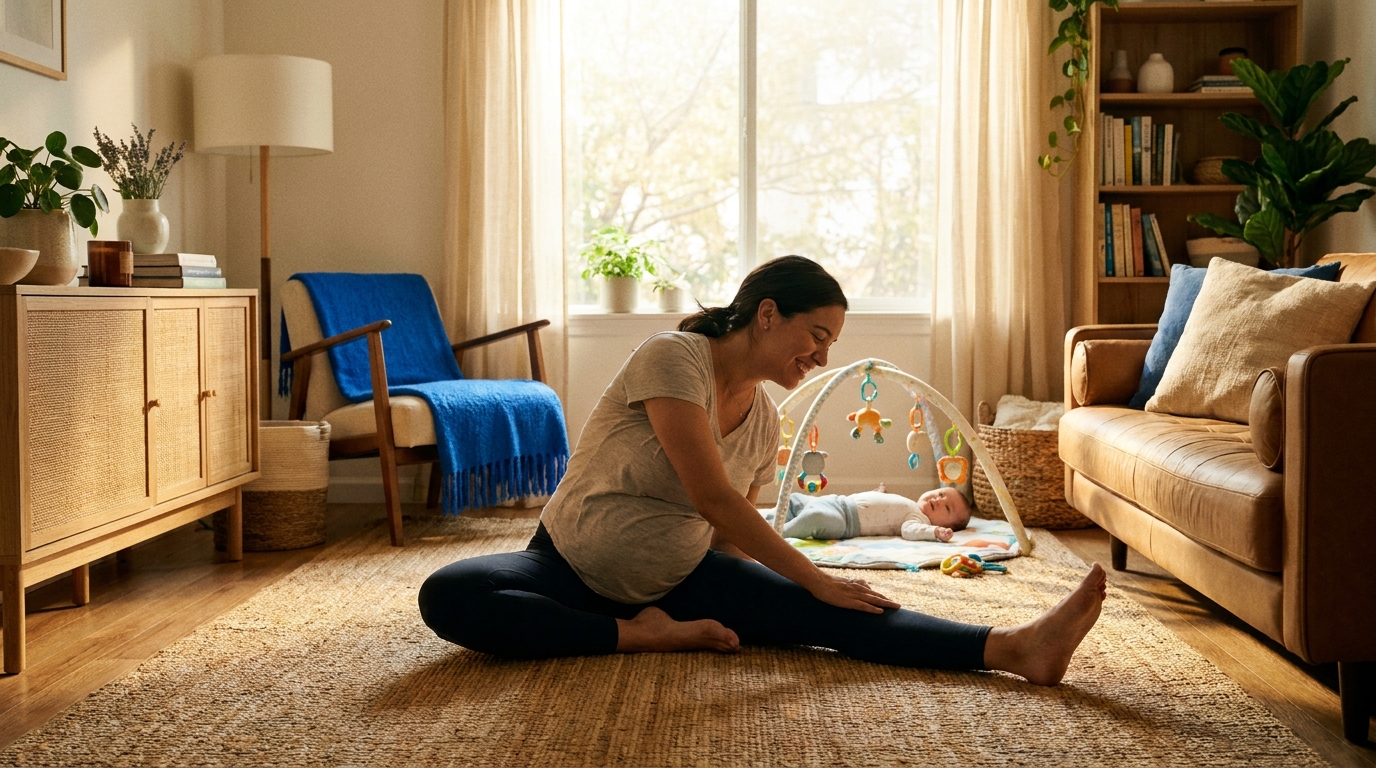 Mãe praticando yoga leve em casa durante o pós-parto