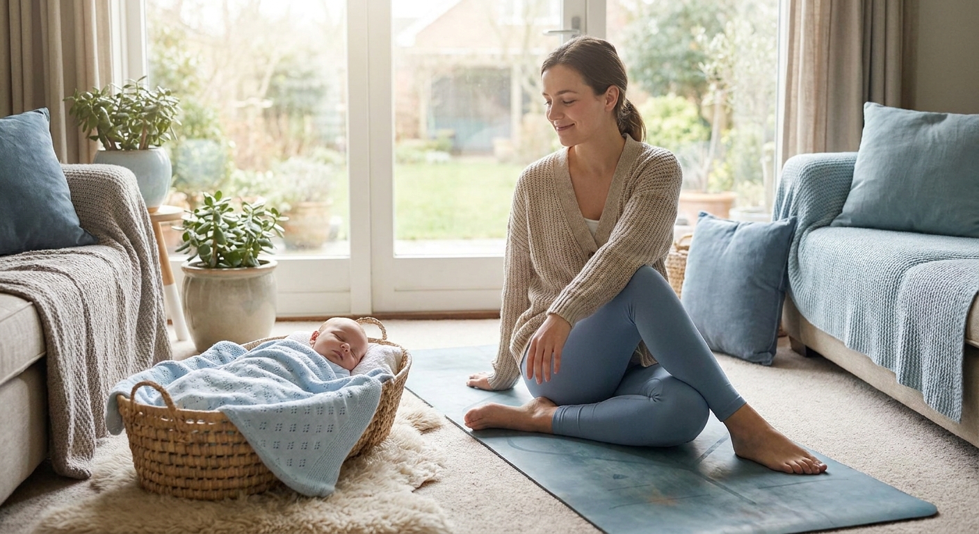 Mãe praticando yoga leve pós-parto em casa com seu bebê próximo, em um ambiente calmo e acolhedor