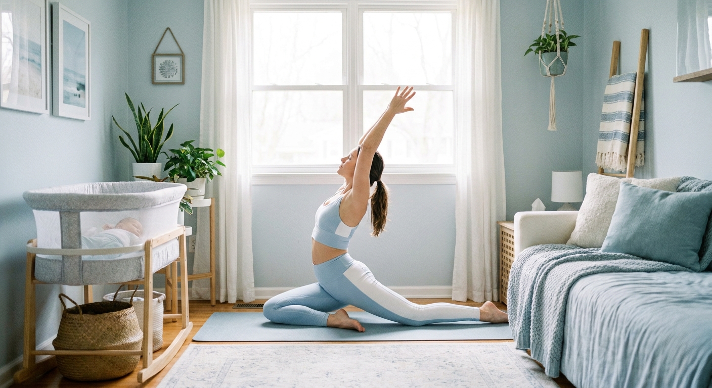 Mãe solo praticando yoga em casa com luz natural - yoga para mães solo e autocuidado