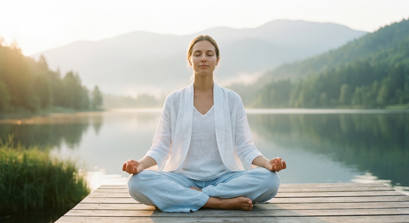 Mulher praticando yoga e meditação ao ar livre em momento de paz e bem-estar