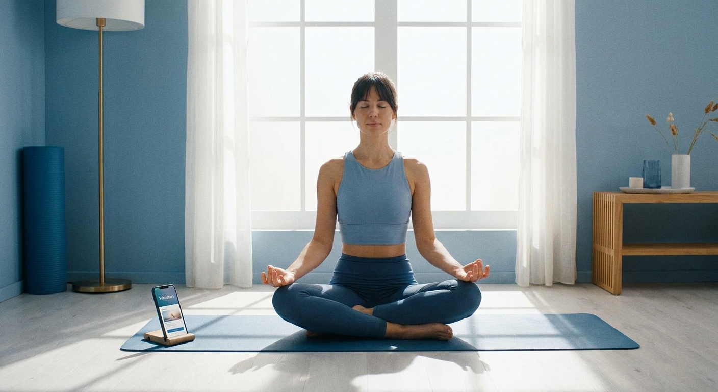 Pessoa praticando yoga e meditação diária com o app Vitalizen ao lado, em um ambiente tranquilo