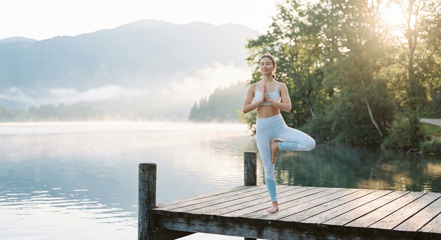 Mulher praticando yoga ao ar livre em meio à natureza