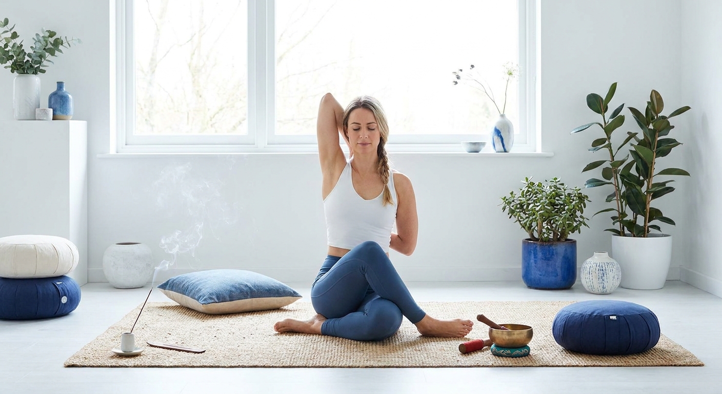 Pessoa praticando yoga em ambiente tranquilo com luz natural