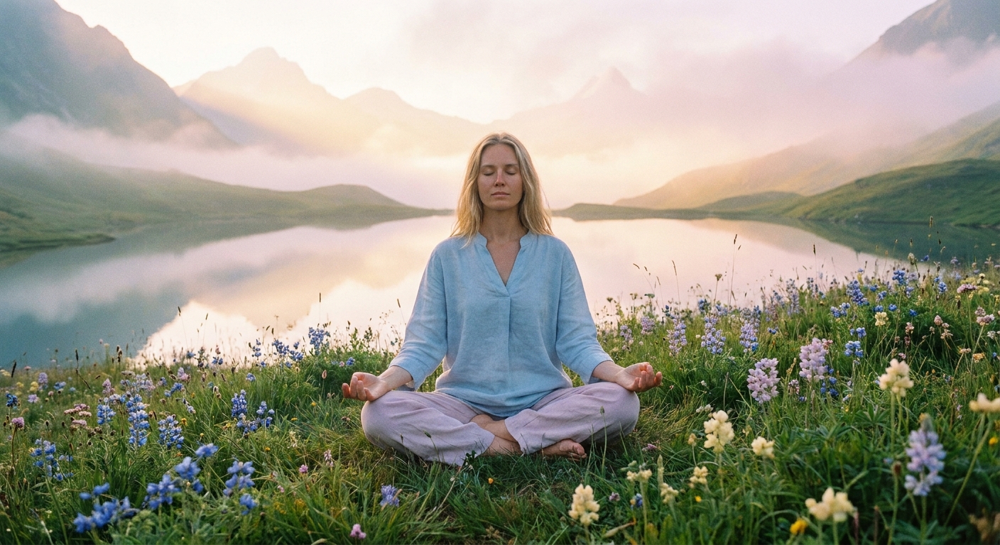 Pessoa meditando em posição de lótus ao ar livre com luz do amanhecer