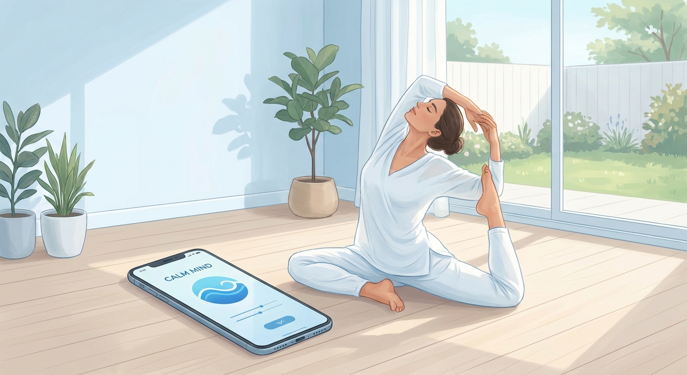 Pessoa praticando yoga para iniciantes com aplicativo de meditação ao lado