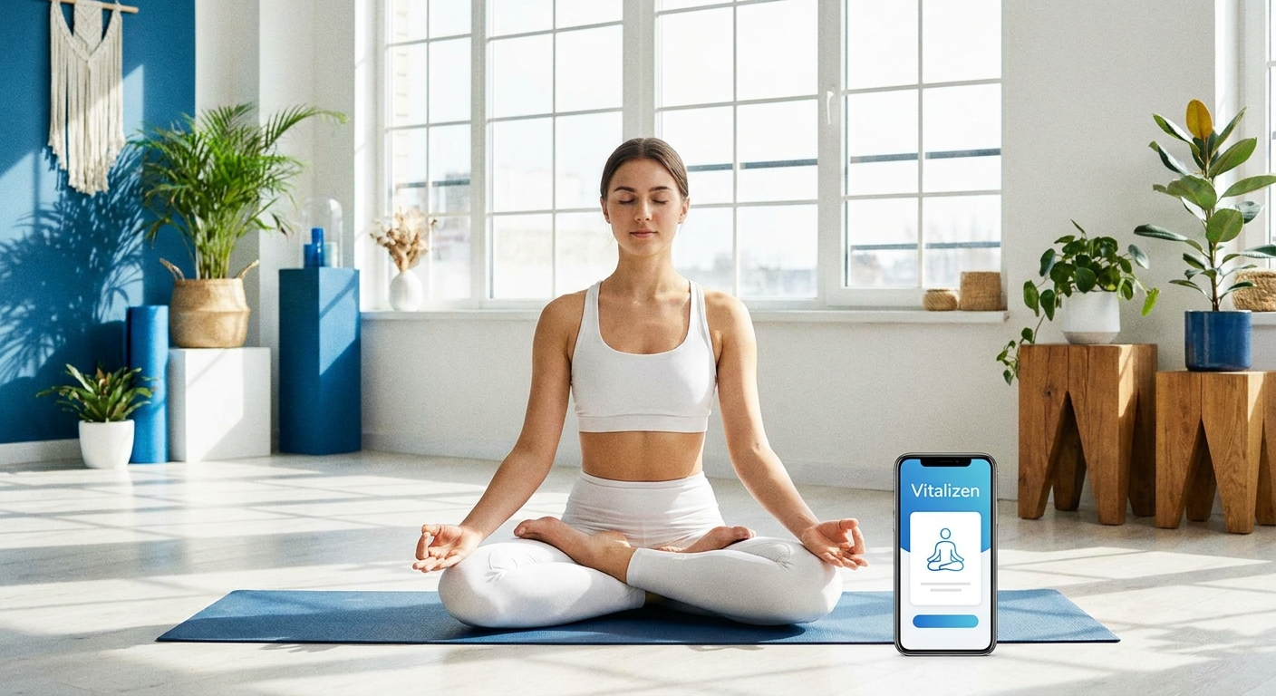 Mulher praticando yoga em casa com o aplicativo Vitalizen ao lado