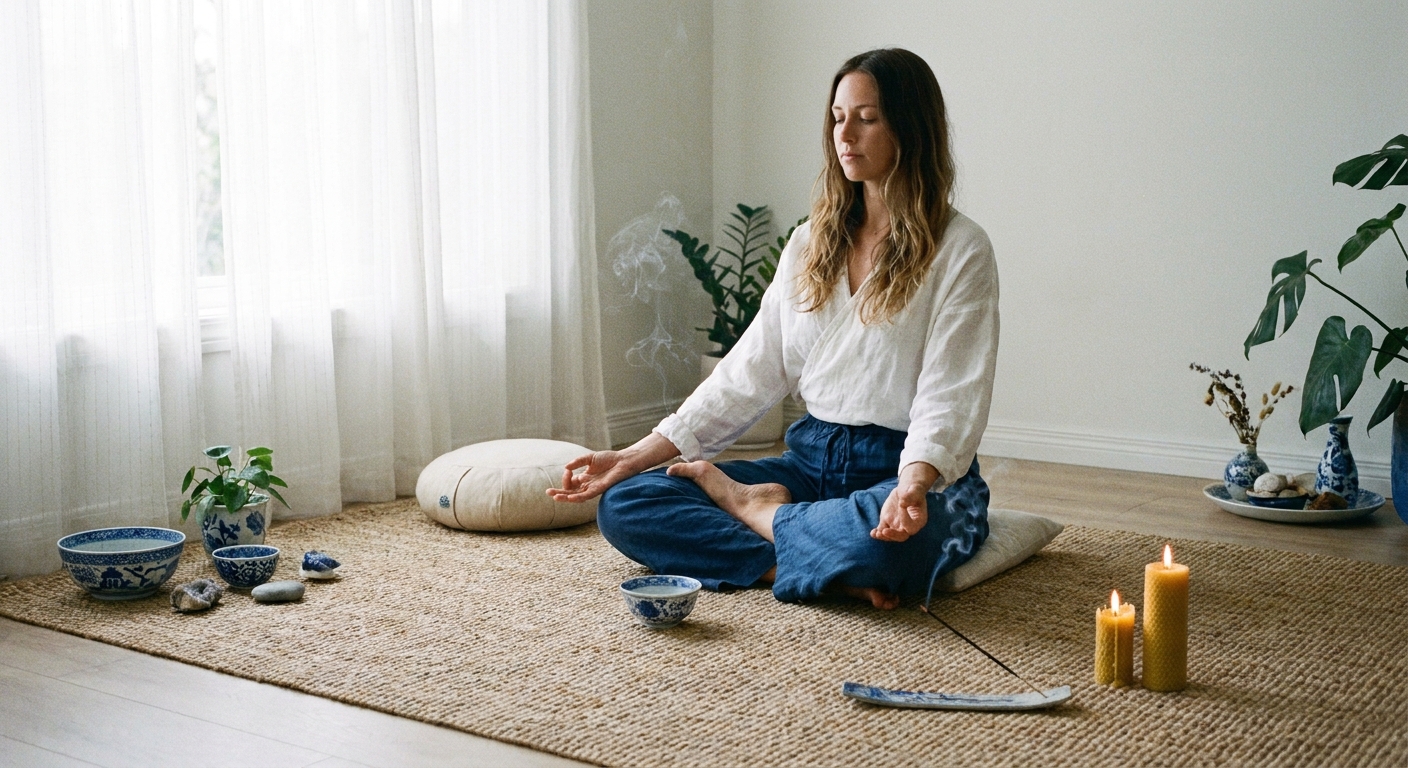 Pessoa praticando yoga e meditação em ambiente calmo e iluminado