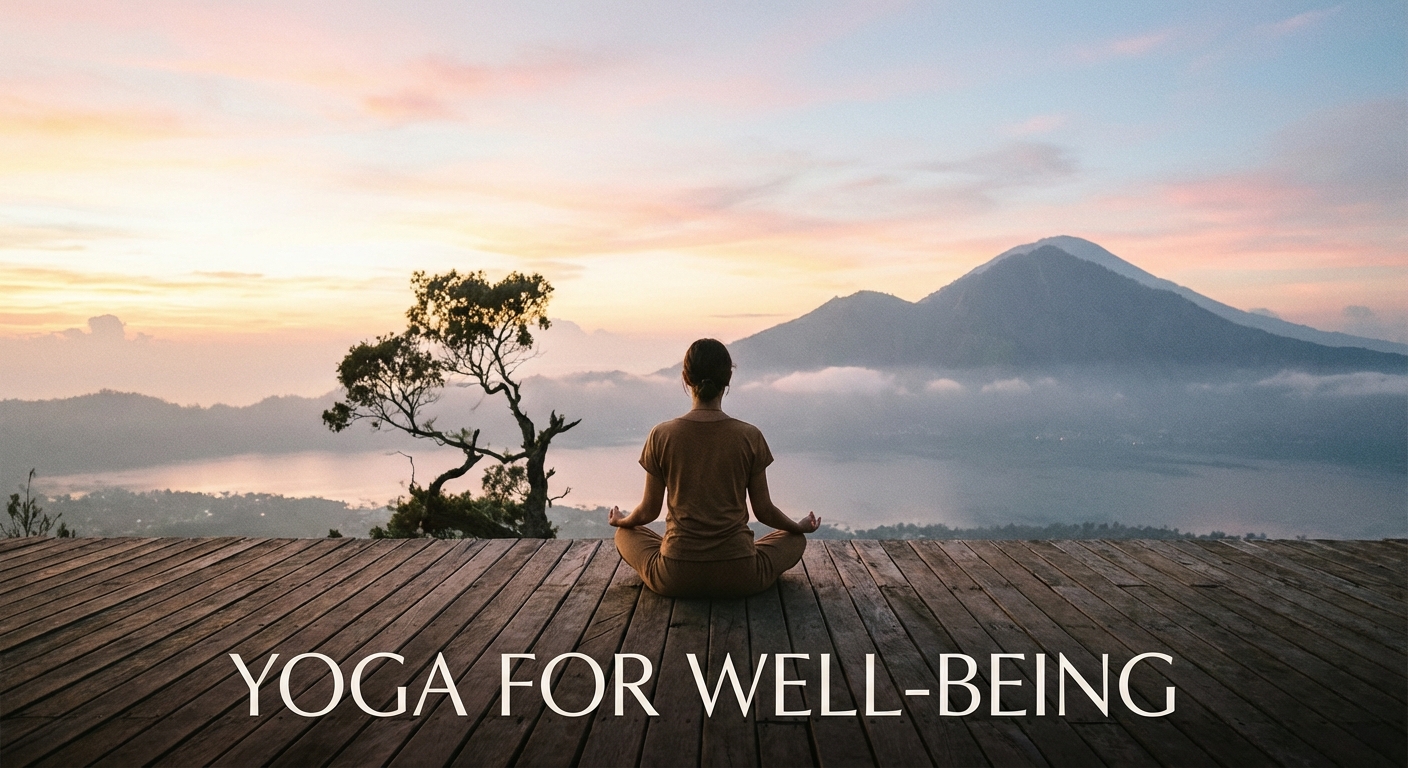 Mulher praticando yoga e meditação ao amanhecer em posição de lótus, representando o início da jornada de bem-estar para iniciantes.