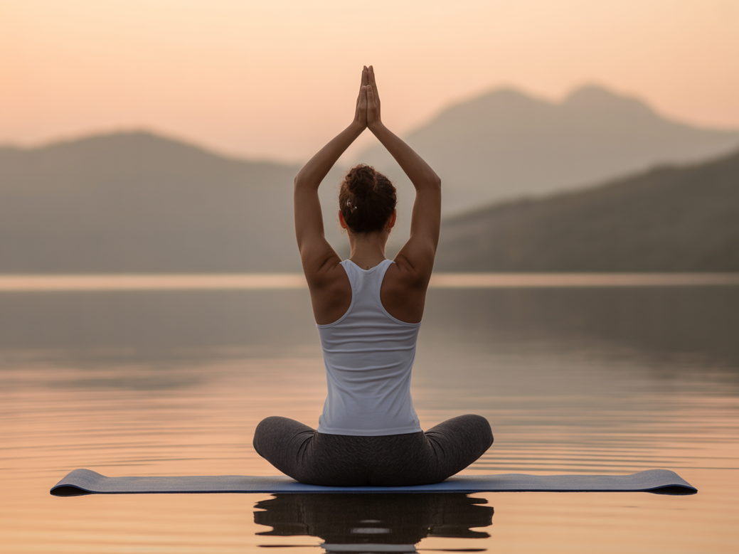 Mulher praticando yoga para luto em um ambiente sereno, simbolizando o caminho para o bem-estar integral e a serenidade.