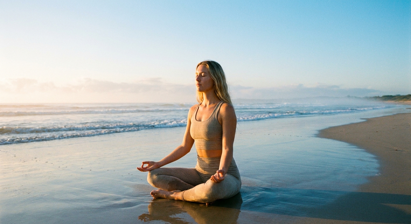 Mulher praticando yoga e meditação ao amanhecer na praia