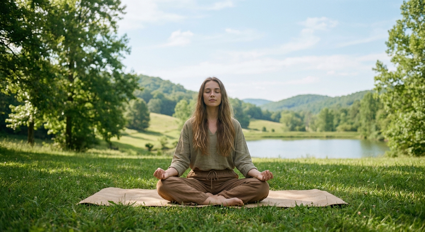 Mulher praticando meditação ao ar livre em posição de lótus