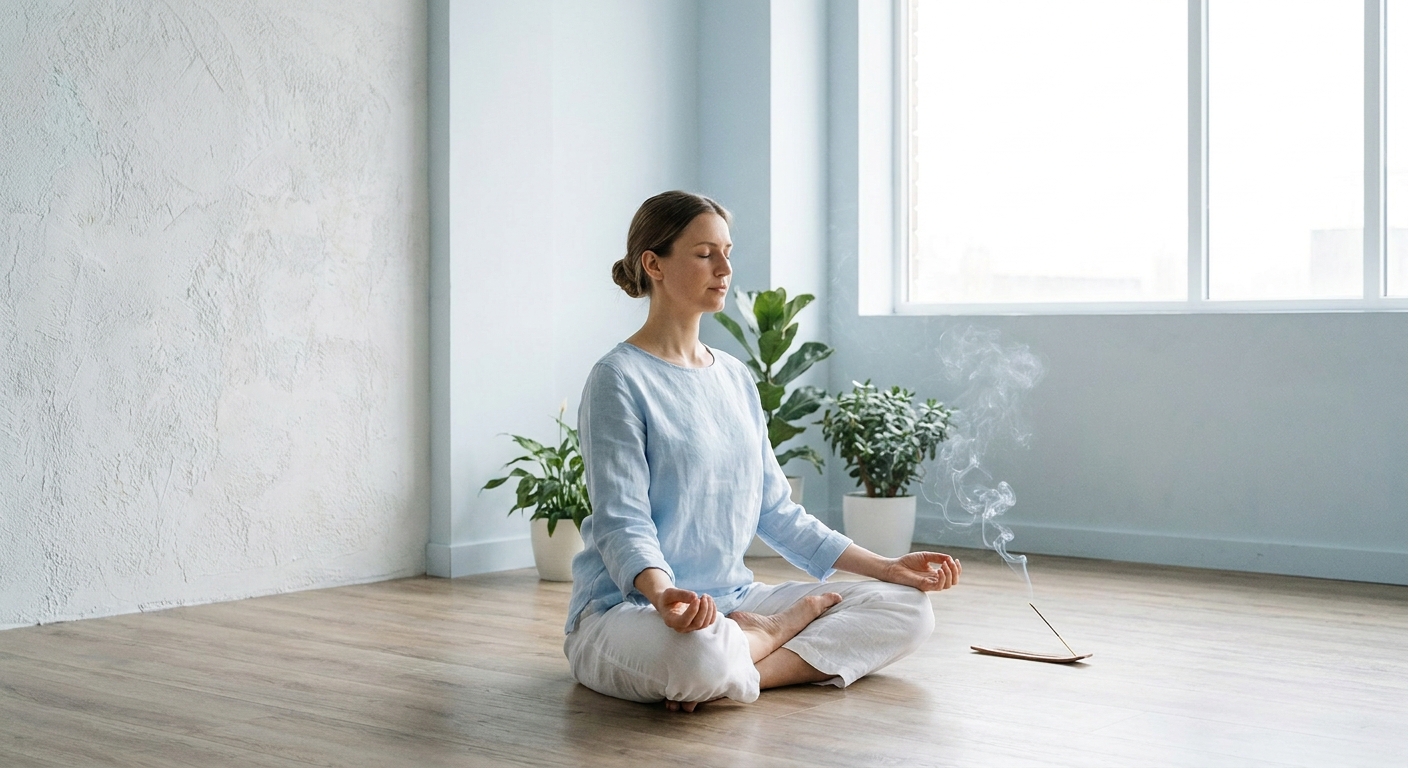 Mulher praticando yoga em um ambiente tranquilo e iluminado, representando equilíbrio e saúde mental