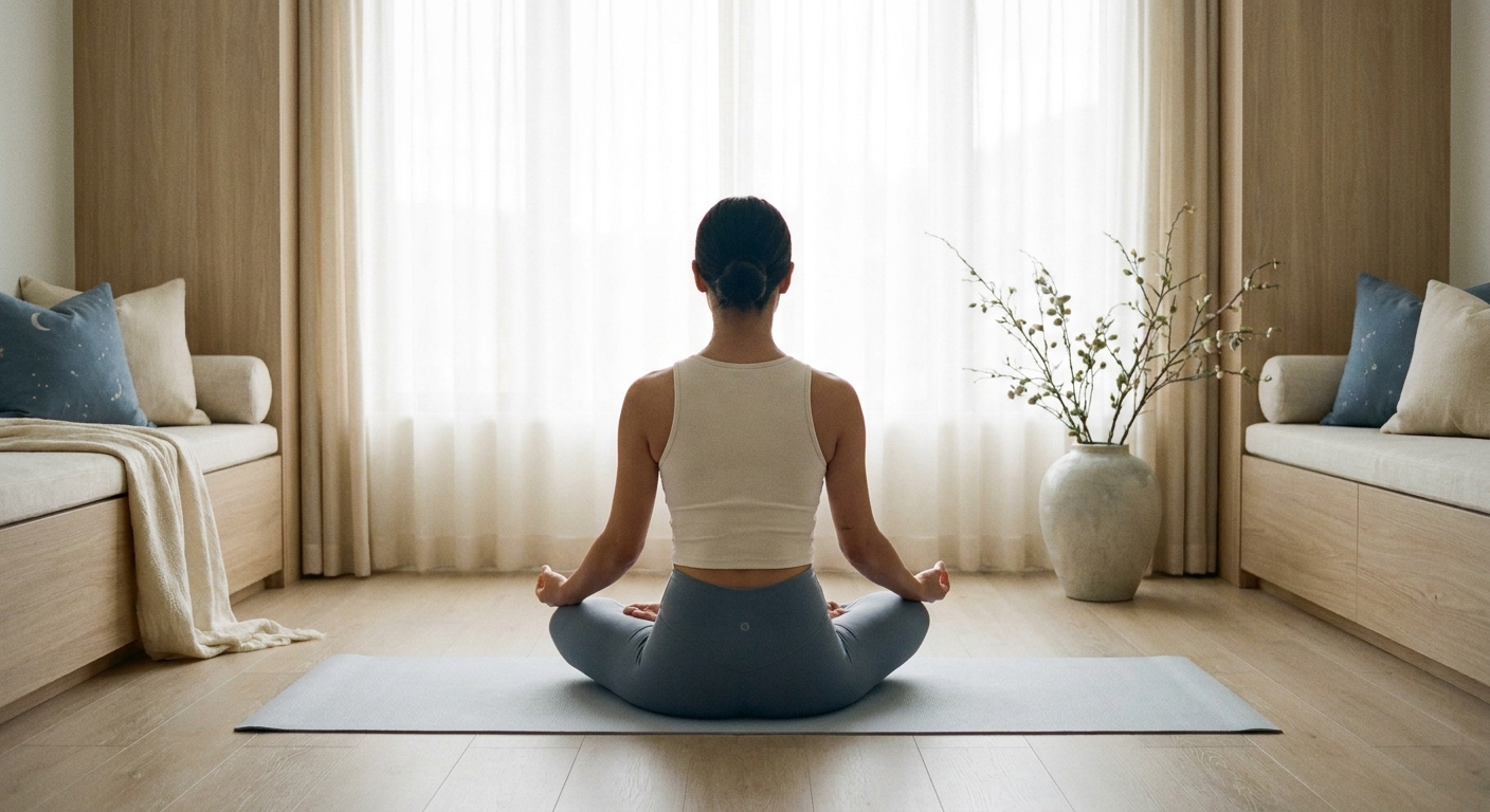 Mulher meditando ao nascer do sol praticando yoga para saúde mental e mindfulness