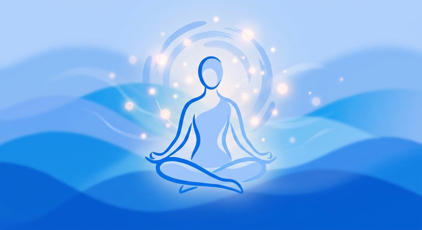 Yoga e meditação para TDAH: foco em práticas curtas Mulher praticando yoga e meditação para TDAH em ambiente calmo, com ondas azuis suaves representando foco e presença