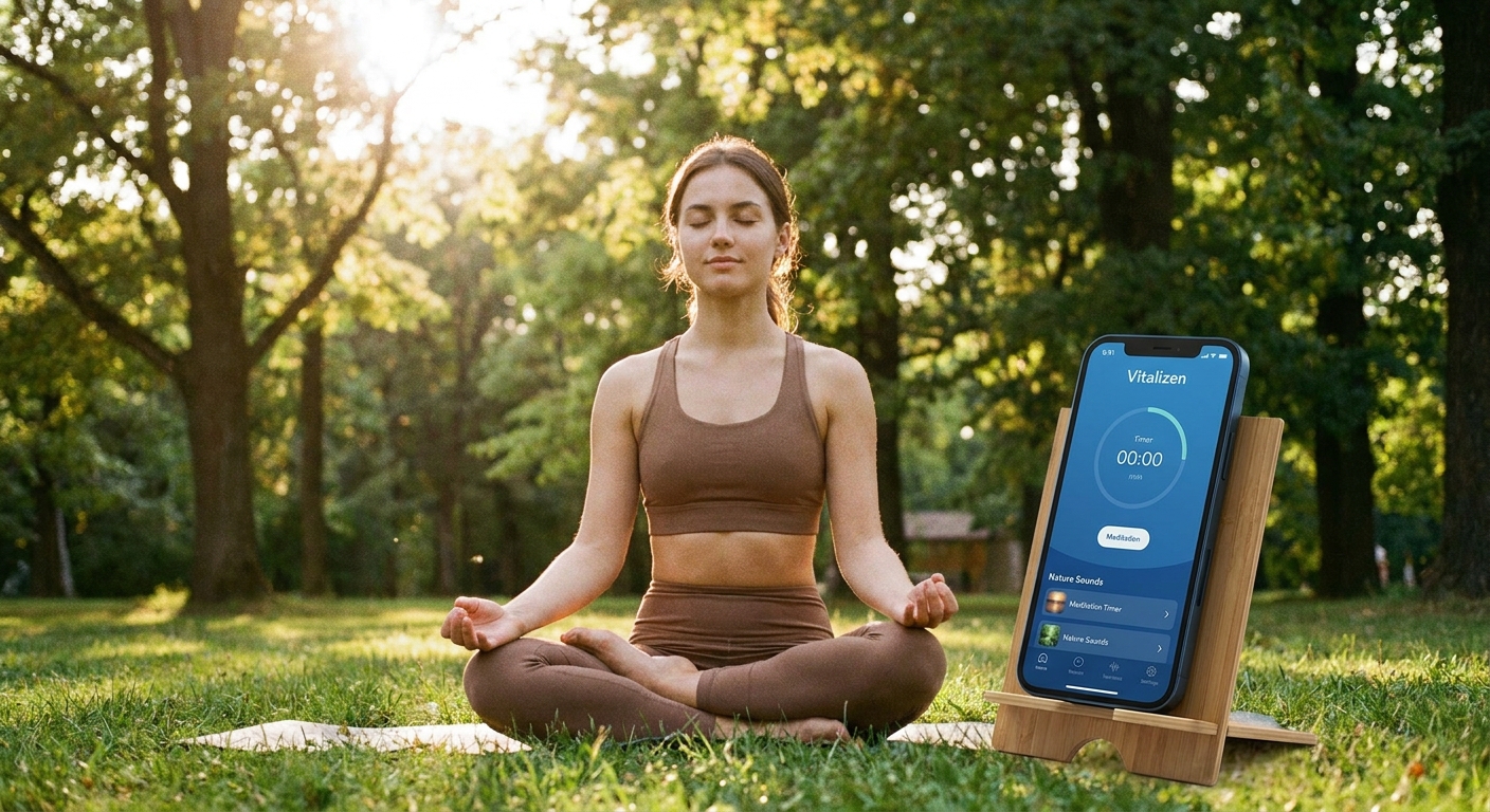 Mulher praticando yoga ao ar livre com aplicativo Vitalizen na tela do celular