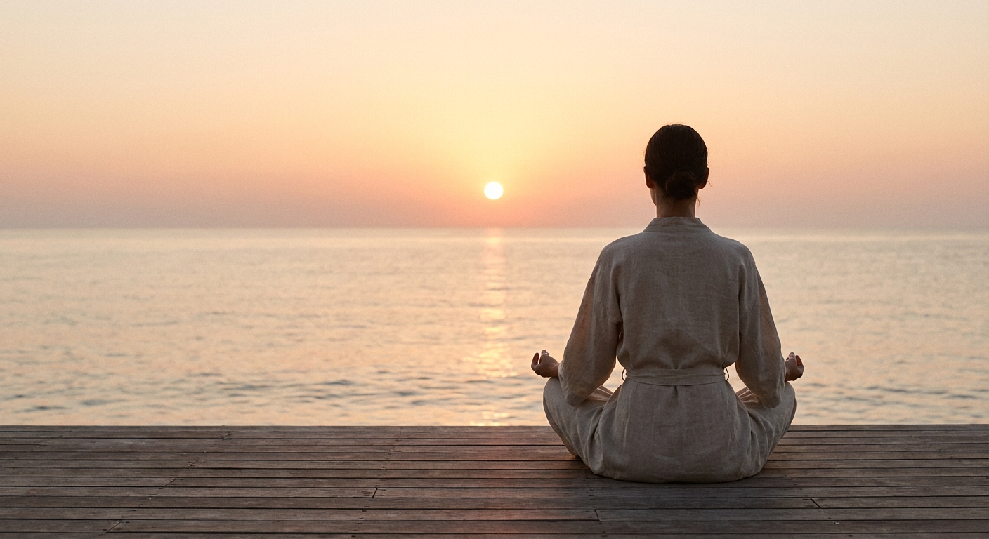 Person practicing yoga for anxiety relief at sunrise with calm peaceful expression
