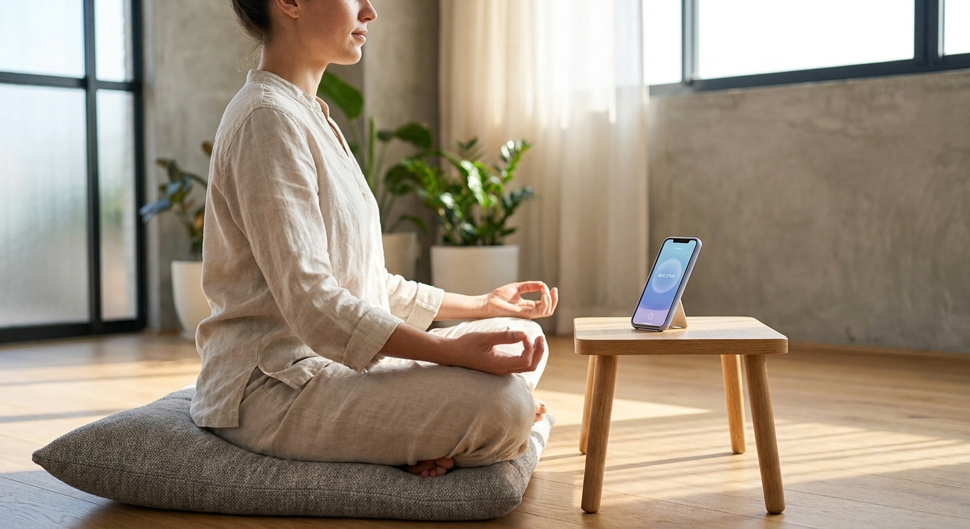 Person meditating with a smartphone displaying a meditation app
