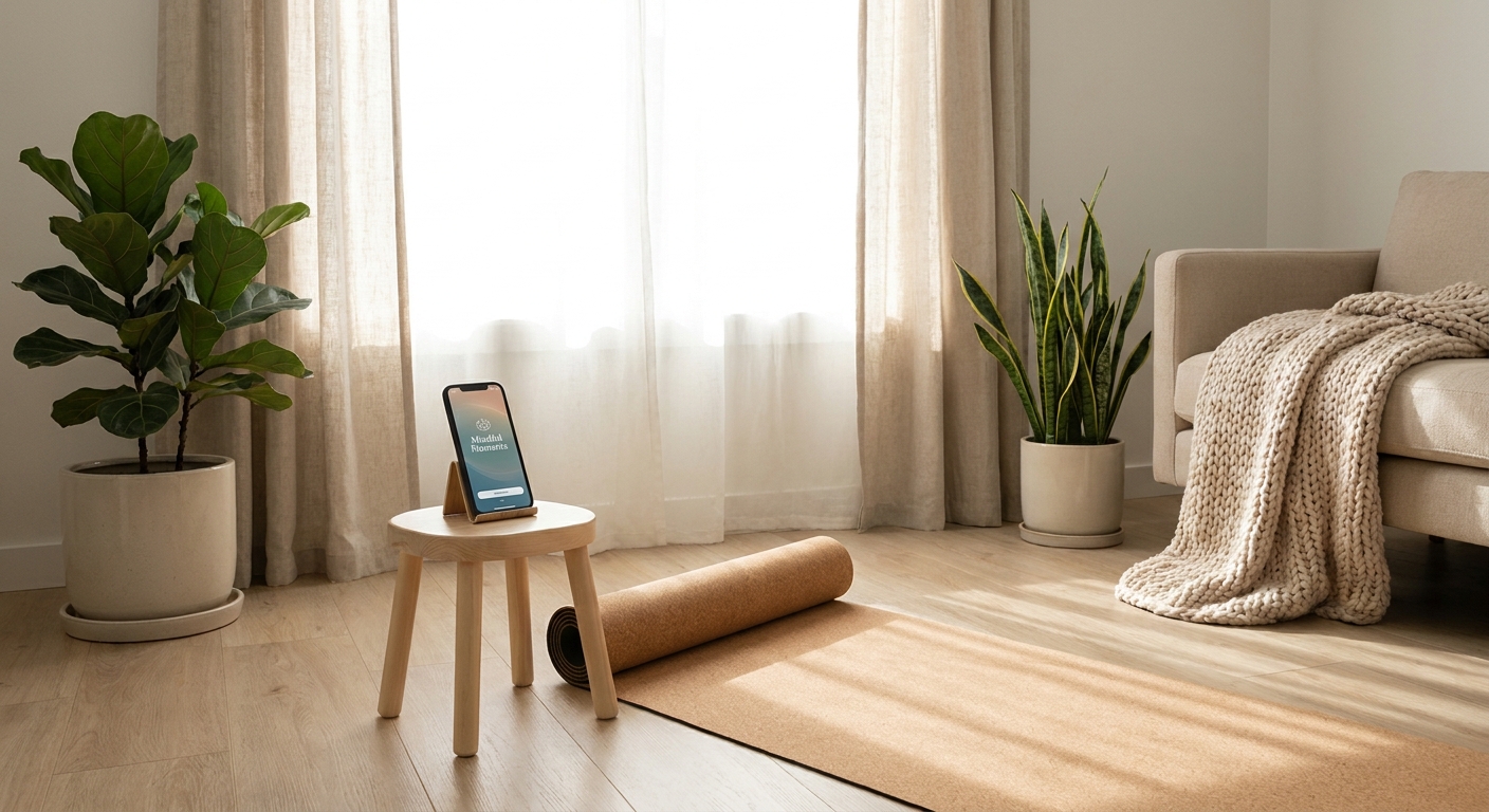 Modern living room with yoga mat and smartphone displaying Vitalizen meditation app for morning yoga and meditation