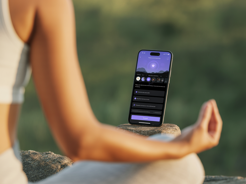 Vitalizen App interface on a smartphone showing a personalized yoga and meditation plan.