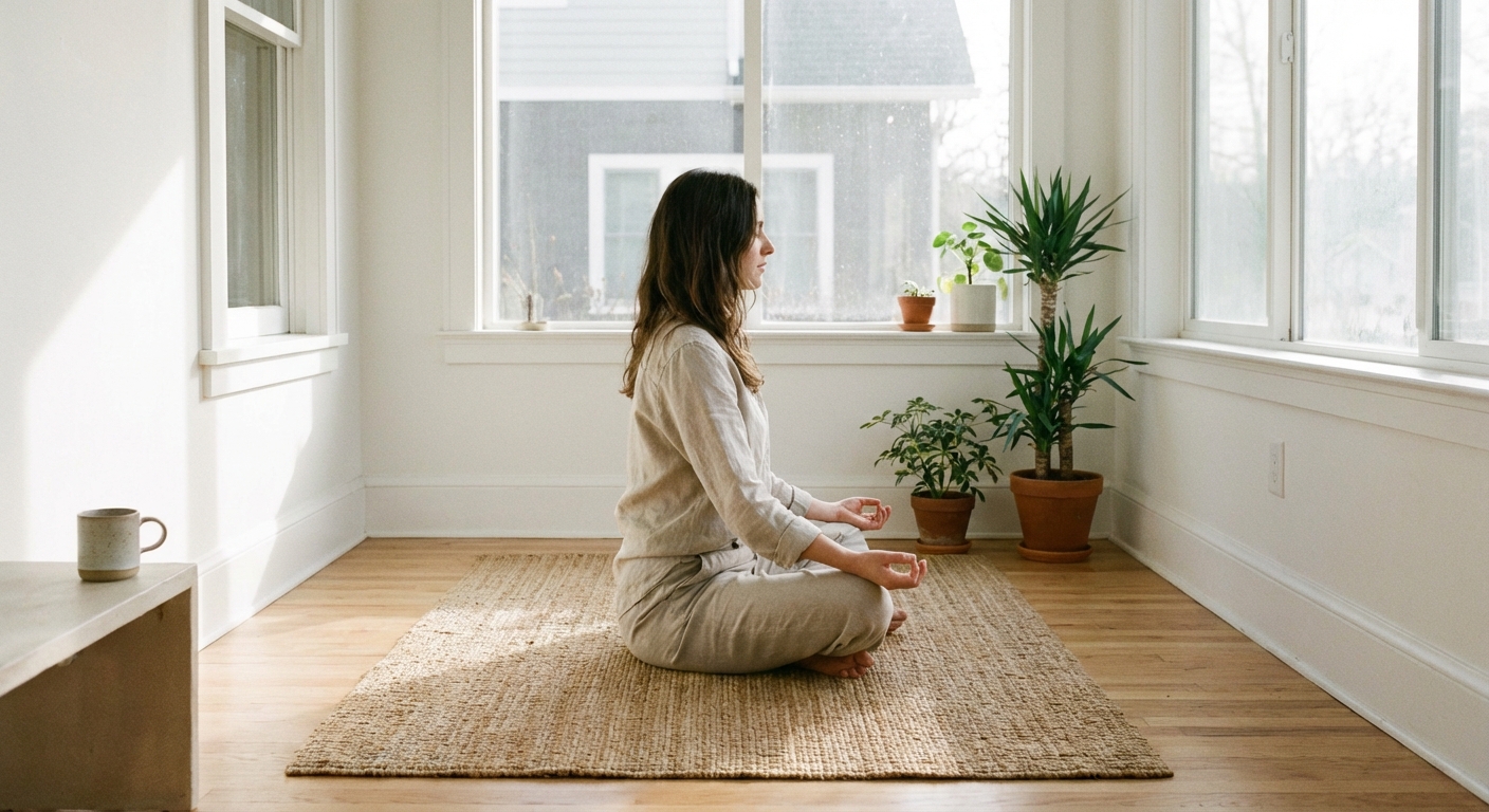 A person practicing yoga and meditation at home in a serene environment
