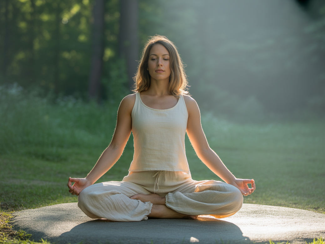 A serene and minimalist image representing the balance between yoga and meditation, with soft, natural colors