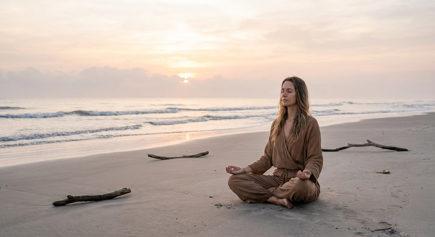 Woman practicing yoga and meditation at sunrise on the beach